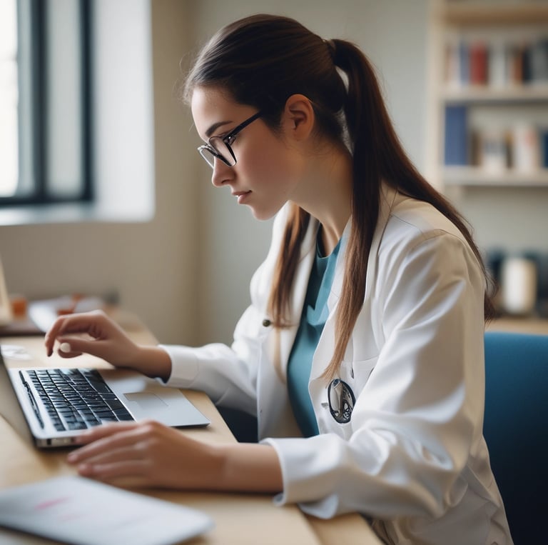 A focused student studying with medical textbooks and a laptop in a bright, clean study space.