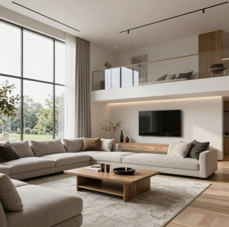 A serene, minimalist living room featuring sleek storage solutions and soft natural light.