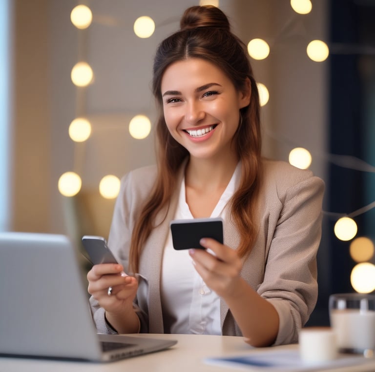 Aisha smiling warmly at her laptop, surrounded by notes and a cup of coffee.
