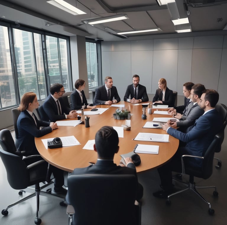 A confident professional speaking passionately in a meeting, with attentive colleagues around.