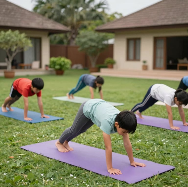 A vibrant classroom scene with children practicing yoga poses under the guidance of a cheerful instructor.
