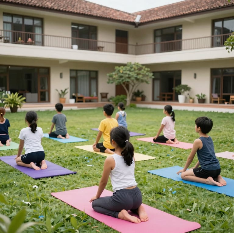 Children happily practicing yoga poses together in a bright, colorful studio filled with natural light.