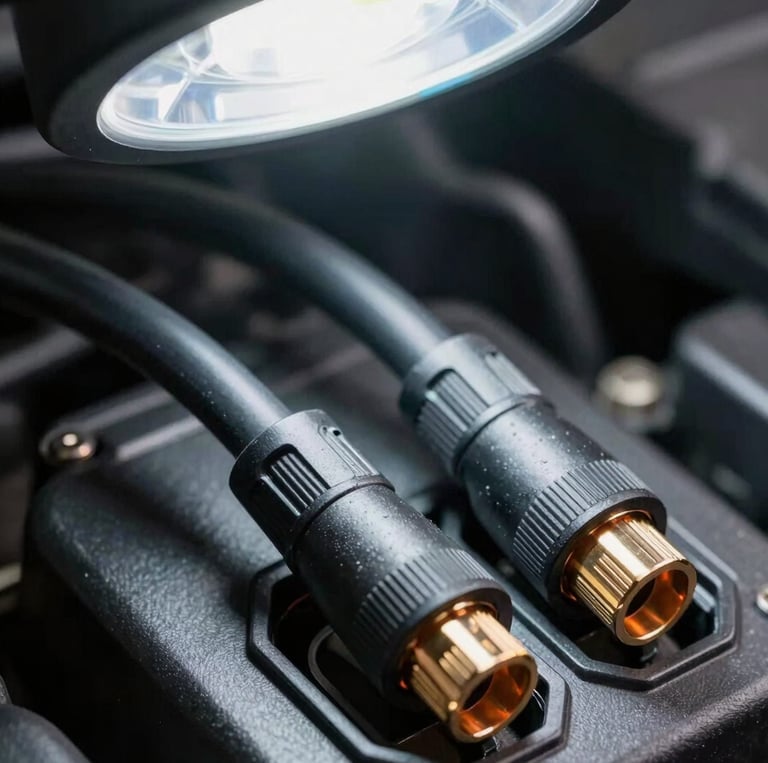 Extreme close-up of a cable harness and OBD connector plugged into an engine bay junction box, clinical LED work light from above, sharp shadows on anthracite metal, no persons, diagnostic precision framing