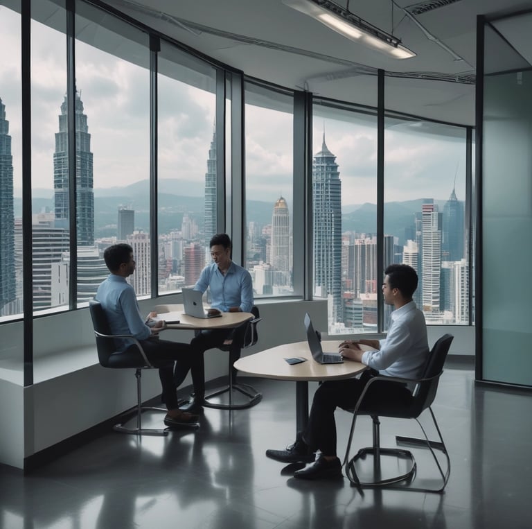 A modern office scene with a diverse Malaysian team collaborating over laptops, with subtle Malaysian cultural icons in the background.