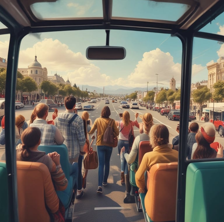 A blue coach bus with travel agency branding is crossing a narrow stone bridge surrounded by lush greenery. In the distance, a few people can be seen walking on a country road.