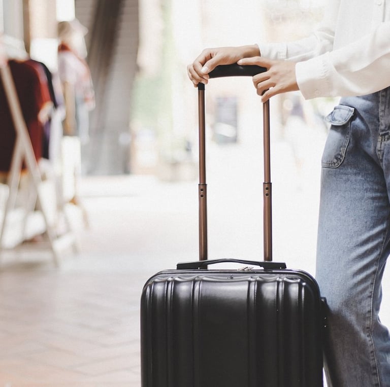 a person holding a suitcase and a suitcase