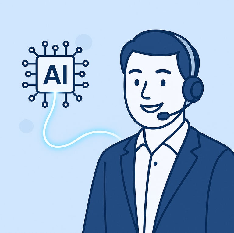 Illustration of an AI seamlessly transferring a call to a friendly human support agent.