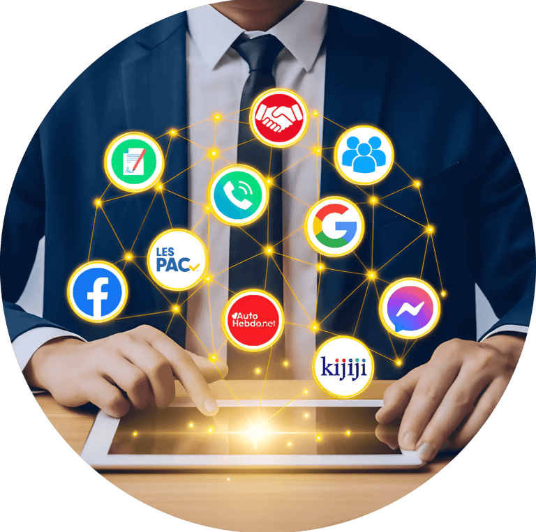 Homme en complet utilisant une tablette, entouré de logos des plateformes de vente comme Kijiji, AutoHebdo, LesPAC, Facebook 