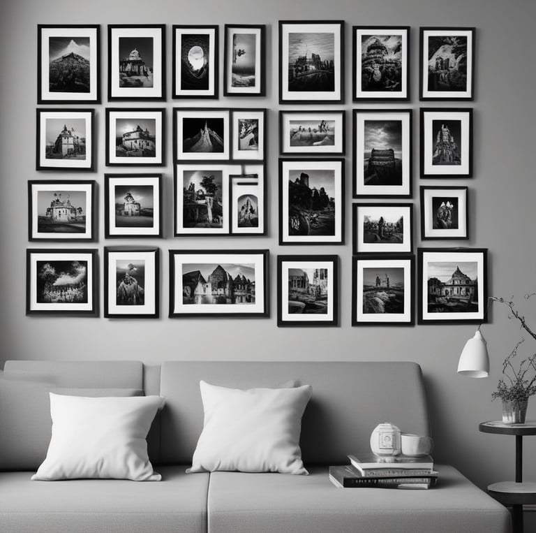 Three vintage photo frames are displayed on top of a wooden surface against a textured wall. The center frame, elegantly ornate, holds a photograph of a young child on a tricycle. The frames on either side contain sepia-toned wedding portraits of couples dressed in early 20th-century attire, featuring brides in long wedding dresses and grooms in formal wear. An antique-looking box is also present near the right frame.