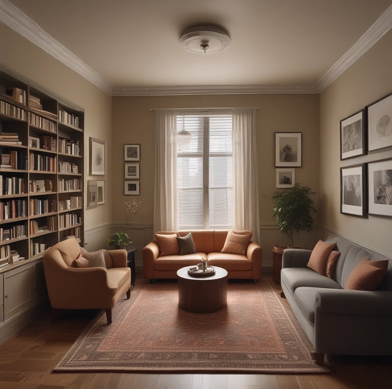 Calm therapy room with comfortable chairs and soft natural light filtering through a window.