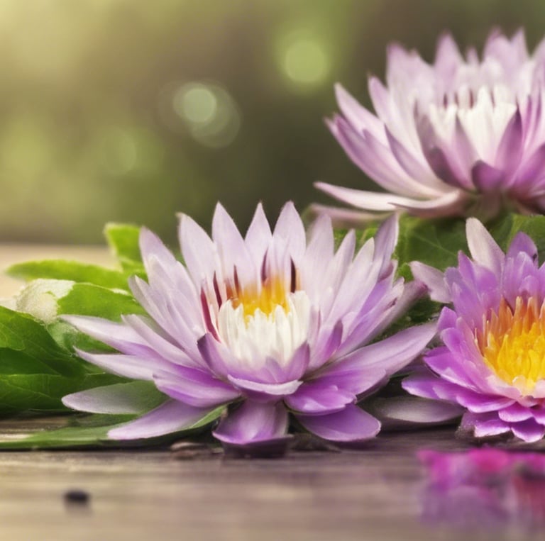 a group of purple flowers on a wooden table