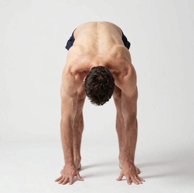 A shirtless man seen from behind with his elbow bent at 90 degrees and his head slightly turned to the side, illustrating physical tension.