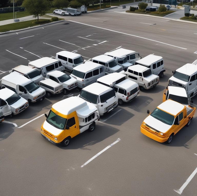 A well-maintained Aurionexa fleet of Bolero campers and utility vehicles lined up at a project site under a clear sky.