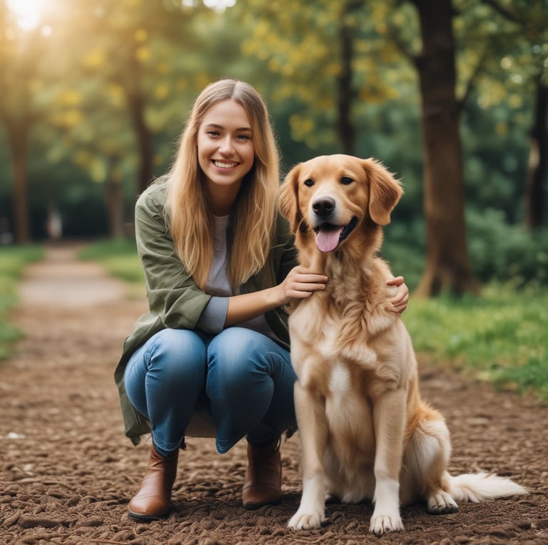 A happy dog and cat playing together in a sunny garden.