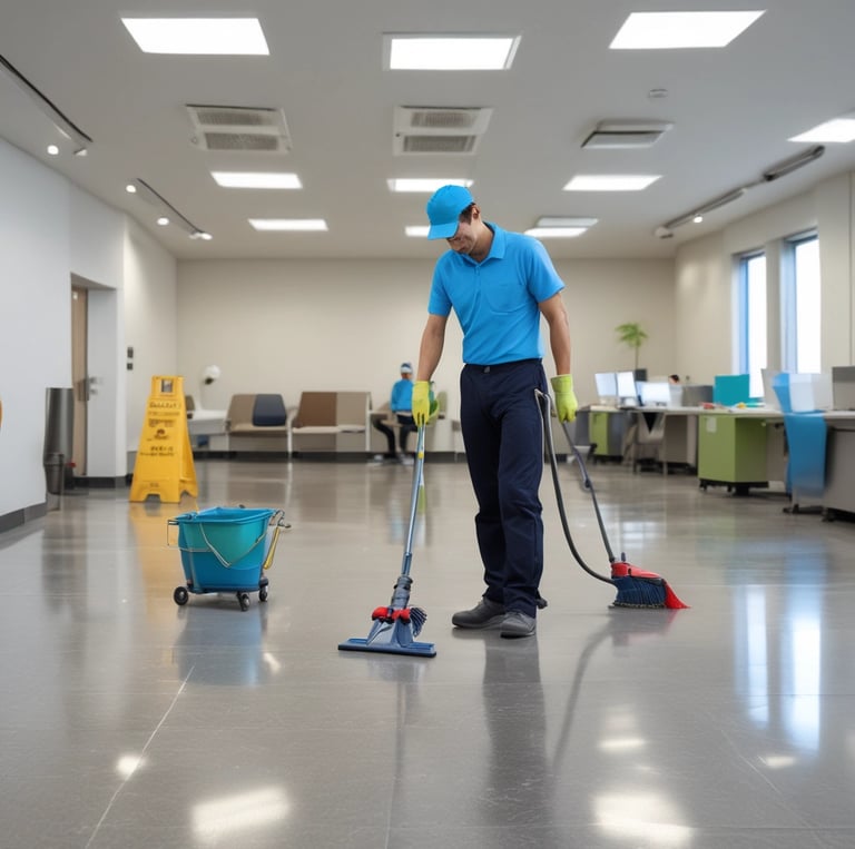 A team of professionals cleaning an office space with advanced equipment.