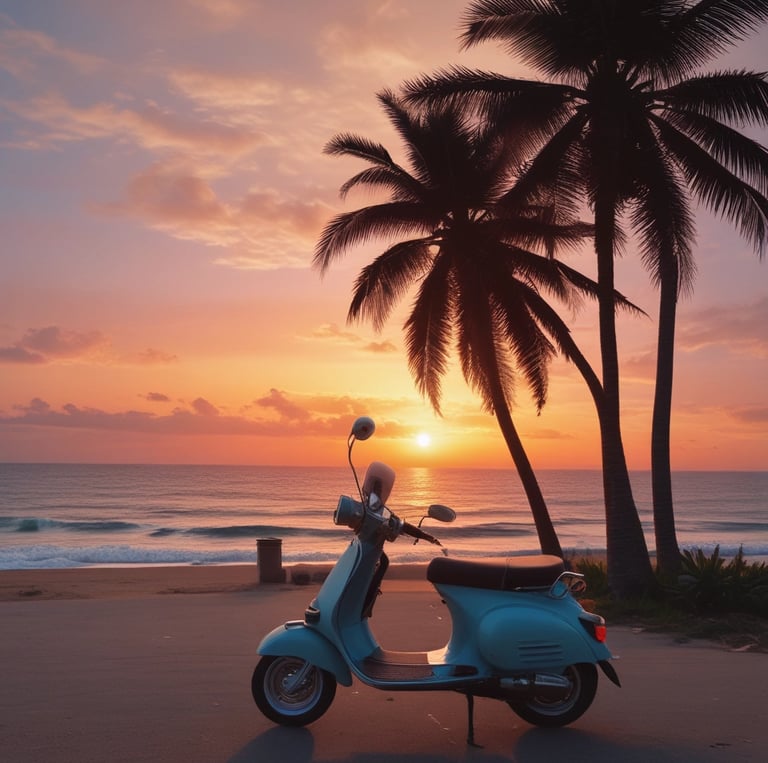 A scenic view of Hua Hin with a motorbike parked on the beach.