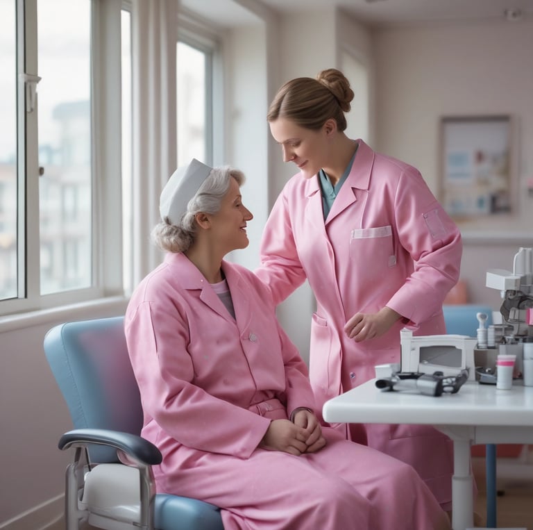 A group of nurses wearing traditional uniforms are gathered around a hospital bed in a clinical setting. One nurse appears to be changing linens or adjusting the bedding of a patient. A basin is placed on the floor, and there is a small table with medical tools and supplies nearby. The setting suggests a hospital or medical training environment from a previous era.