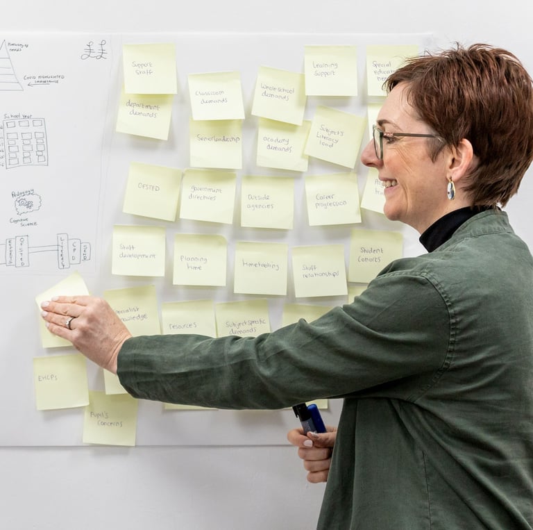 Kelly in front of a white board covered in post-it notes