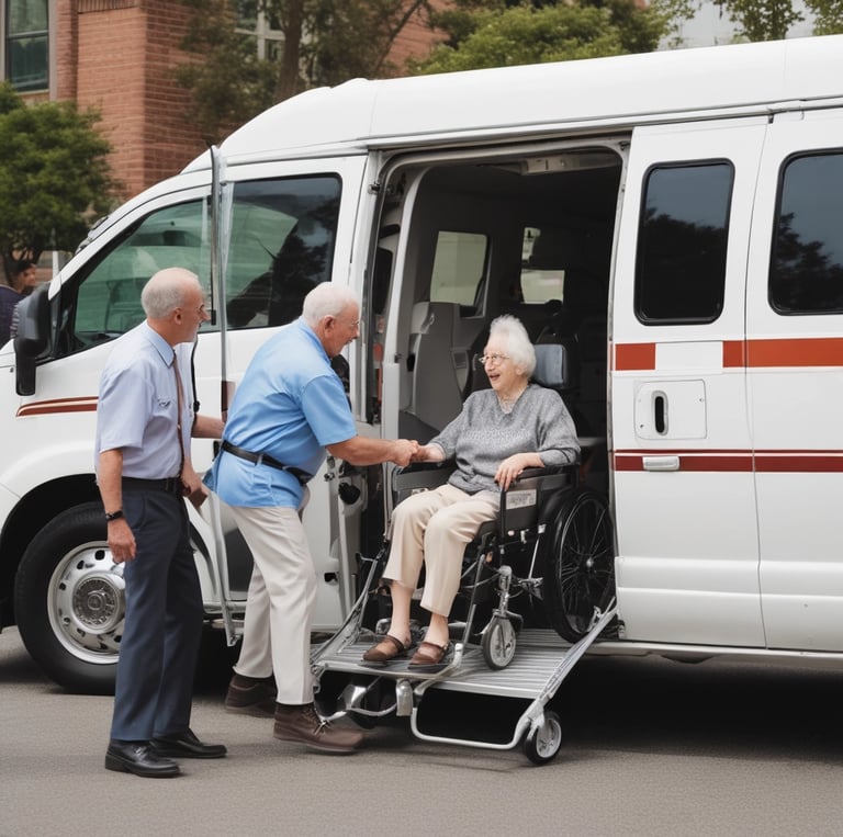 A professional driver assisting a senior passenger into a medical transport vehicle.