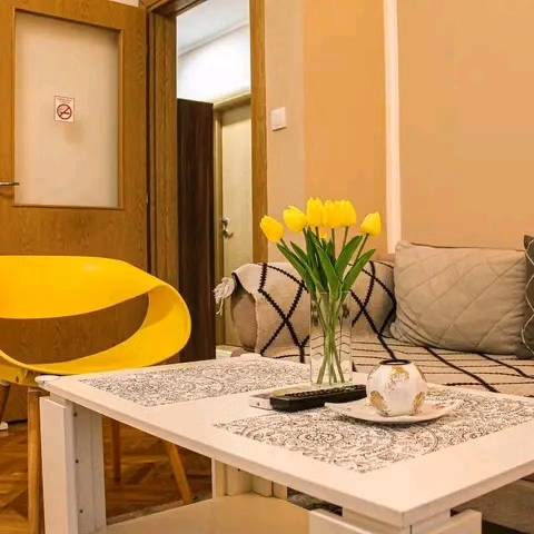 a living room with a couch and a yellow chair