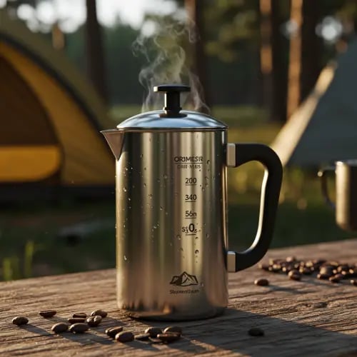 Une cafetière à Piston Camping toute fumante sur la table.
