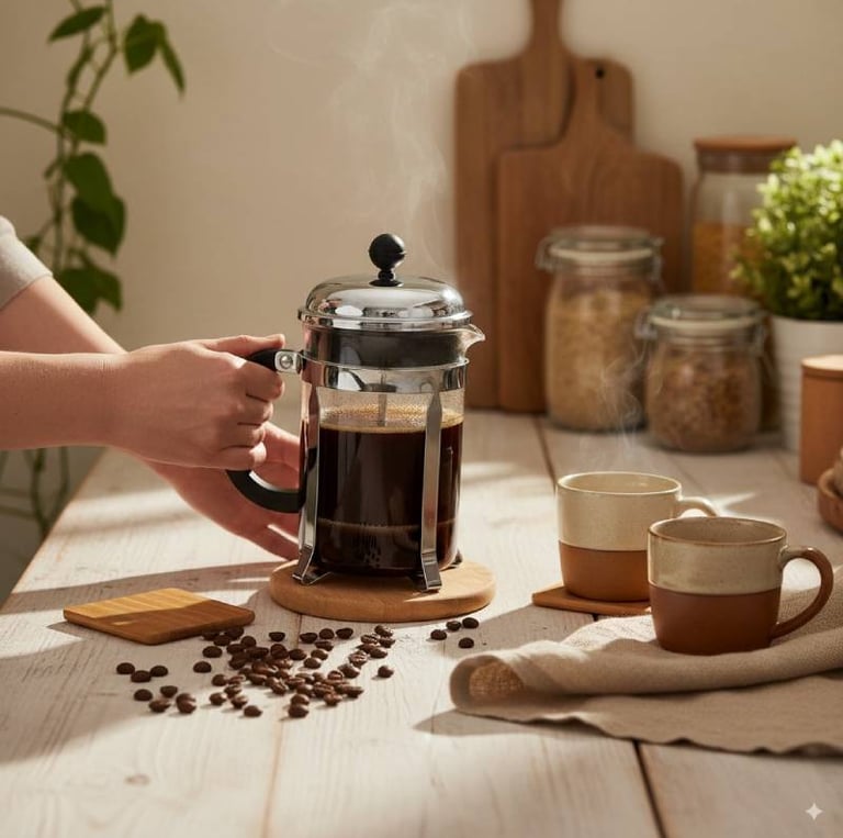 Jeune femme tenant une cafetière à piston 600 ml dans les mains