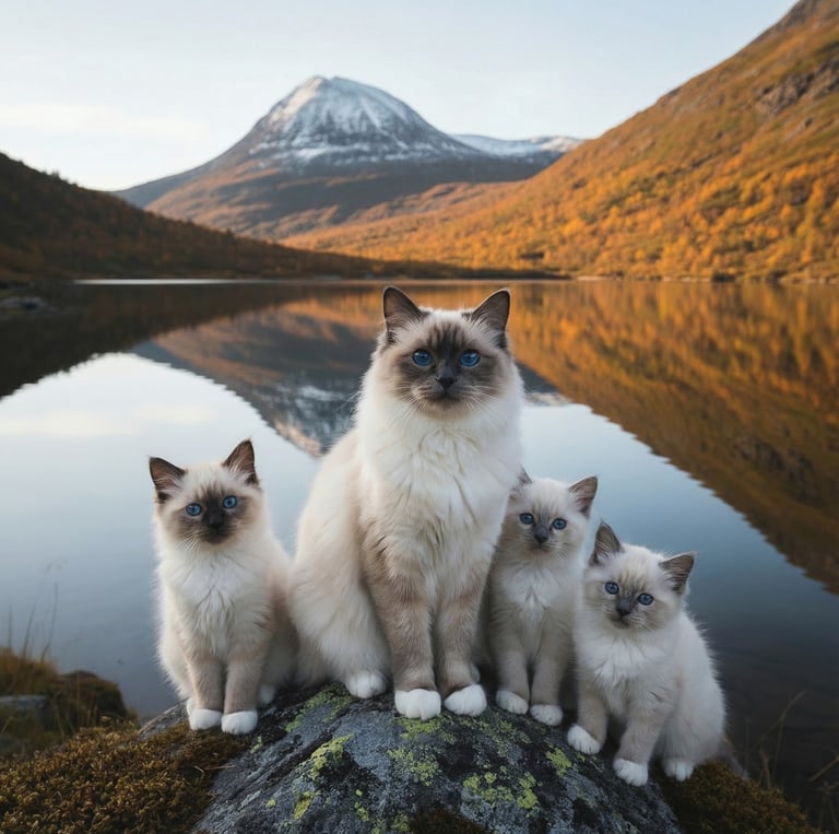 En vakker Hellig Birma katt med sine søte kattunger i vakker natur på fjellet
