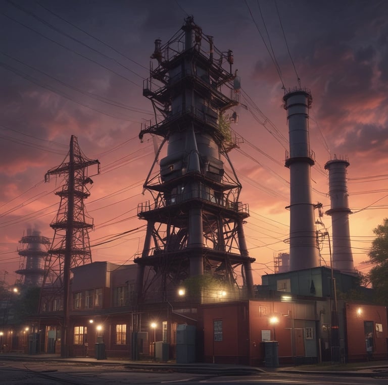 A panoramic view of a sprawling industrial power plant at dusk, illuminated with energy orange lights against a deep navy sky.