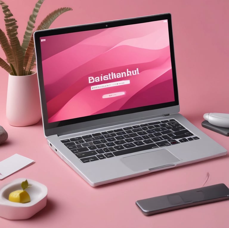 A modern workspace with a laptop and digital products displayed.