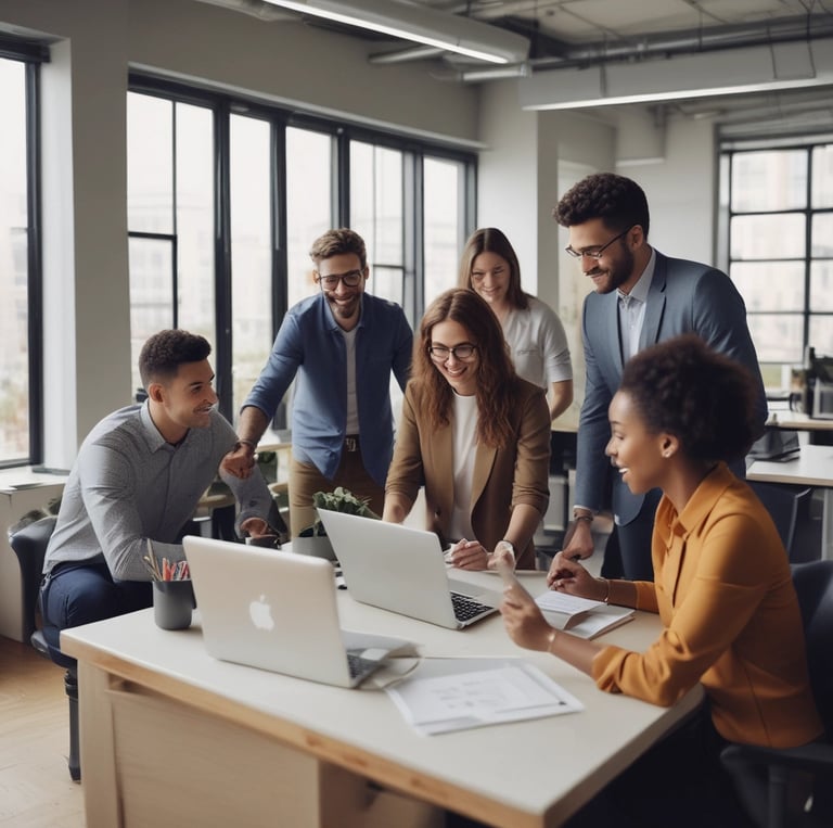 A diverse group of professionals collaborating in a modern office space.