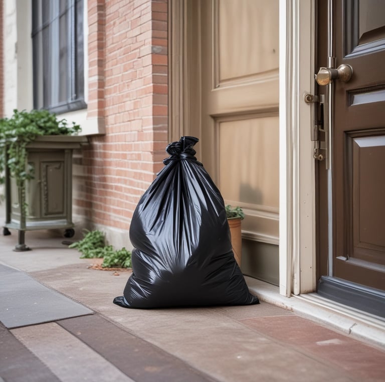 A friendly valet worker collecting trash bags from apartment doors.