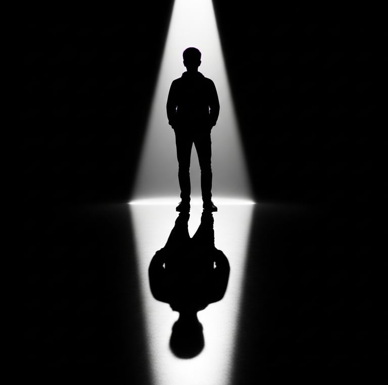 a man standing in front of a light that is shining down as a spotlight