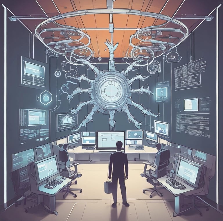 A digital rendering of an electronic circuit board, with a central black chip featuring the text 'CHAT GPT' and 'Open AI' in gradient colors. The background consists of a pattern of interconnected triangular plates, illuminated with a blue and purple glow, adding a futuristic feel.