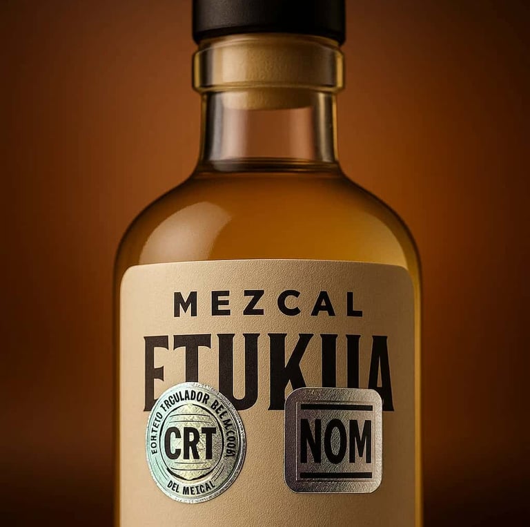 Close-up o primer plano de la etiqueta de una botella de mezcal Etukua mostrando con claridad los se