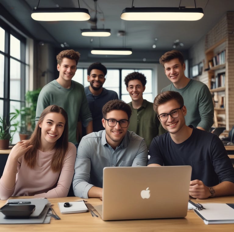 a group of people standing around a display of video screens