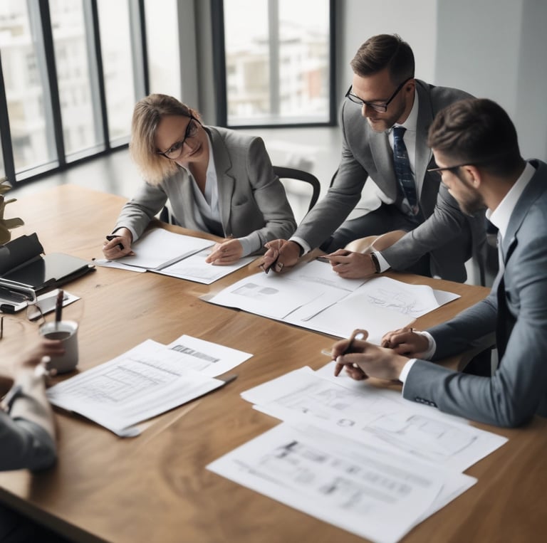 A diverse team collaborating over process charts and data analytics in a bright, modern office.