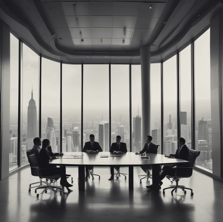 Team members collaborating around a table with marketing plans and laptops.