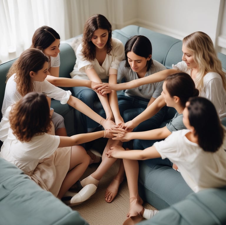 A warm, sunlit living room with people sharing a meal and laughter in a cozy sober living house.