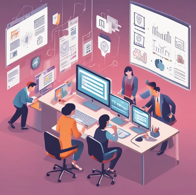 A lively, modern office scene with a diverse team collaborating over colorful marketing designs on screens and printouts.