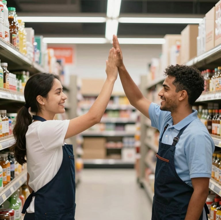 A diverse group of smiling employees collaborating in a bright, modern office space.