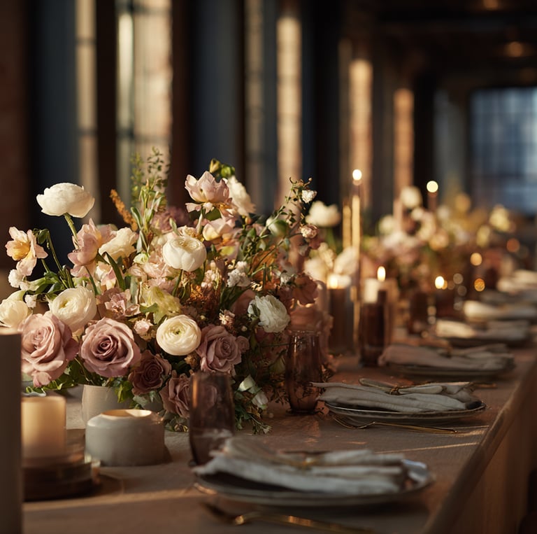 Elegant wedding table setting with dusty rose floral centerpieces and lit candles in a rustic venue.