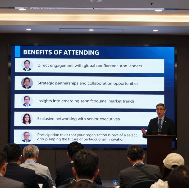 A dynamic conference scene with engaged attendees networking and exchanging ideas under bright stage lights.