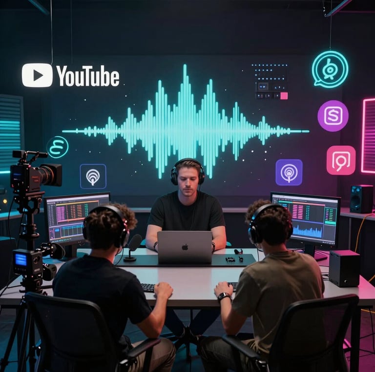 A vibrant studio scene with a musician composing beats on a laptop surrounded by instruments and sound equipment.