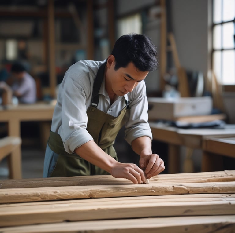 A skilled artisan hand-selecting natural wood materials in a vibrant Vietnamese workshop.
