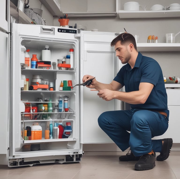 Technician repairing a washing machine in a cozy home kitchen.