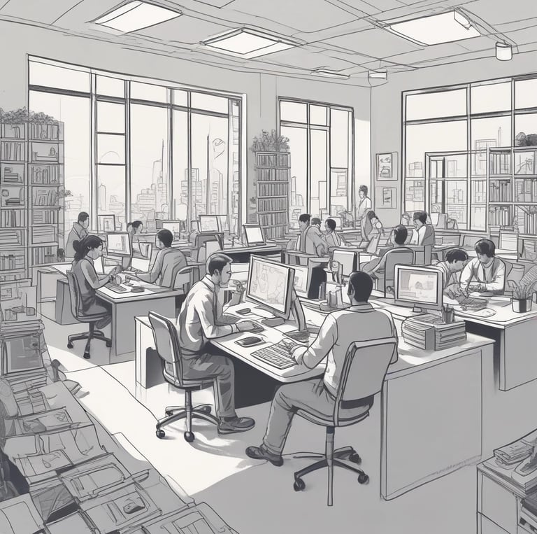 Team collaborating around a table with charts and laptops, discussing project progress.