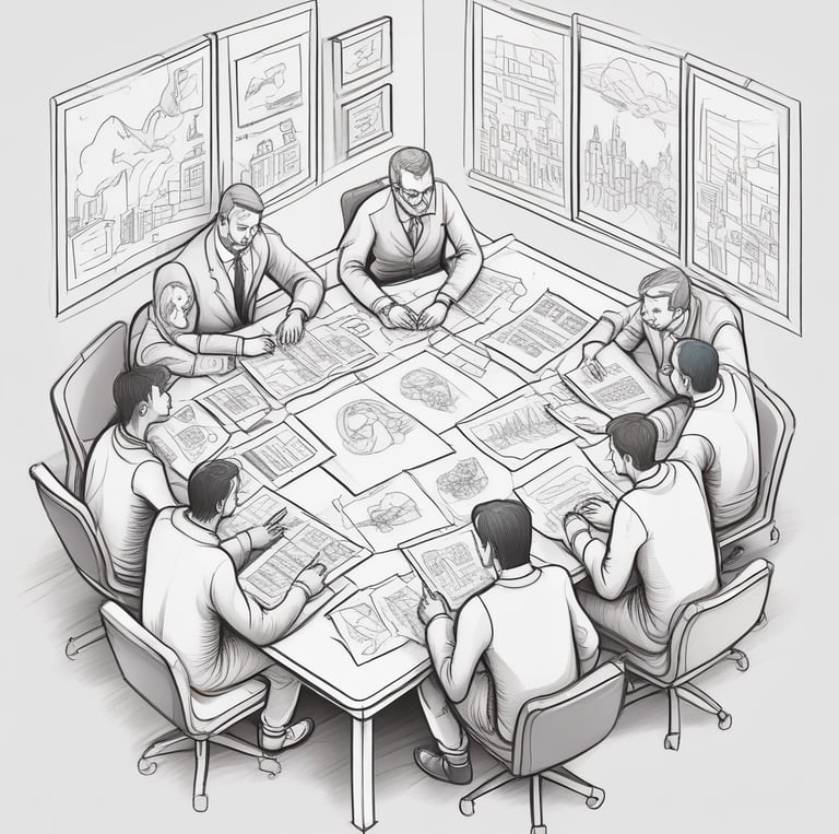 Team collaborating around a table with charts and laptops, discussing project progress.