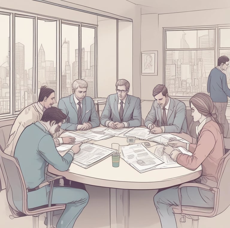 Team collaborating around a table with charts and laptops, discussing project progress.