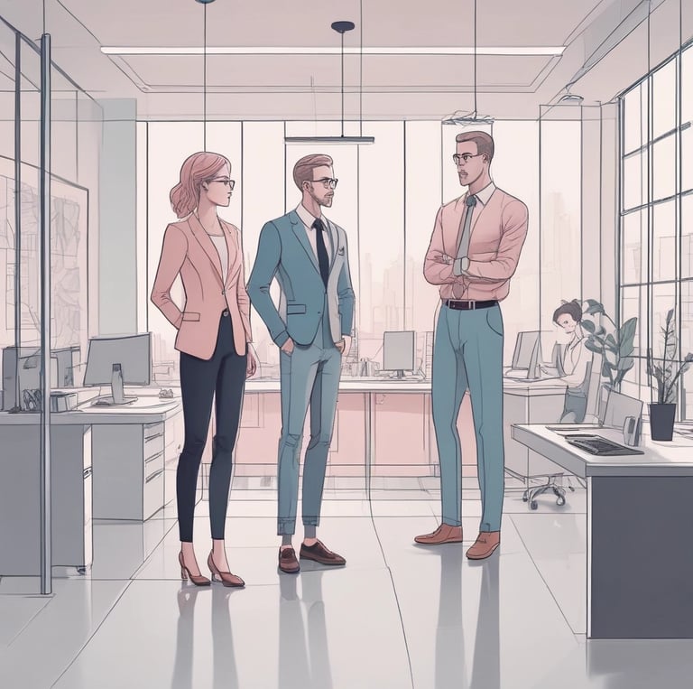 A focused team of IT professionals collaborating in a modern office environment.