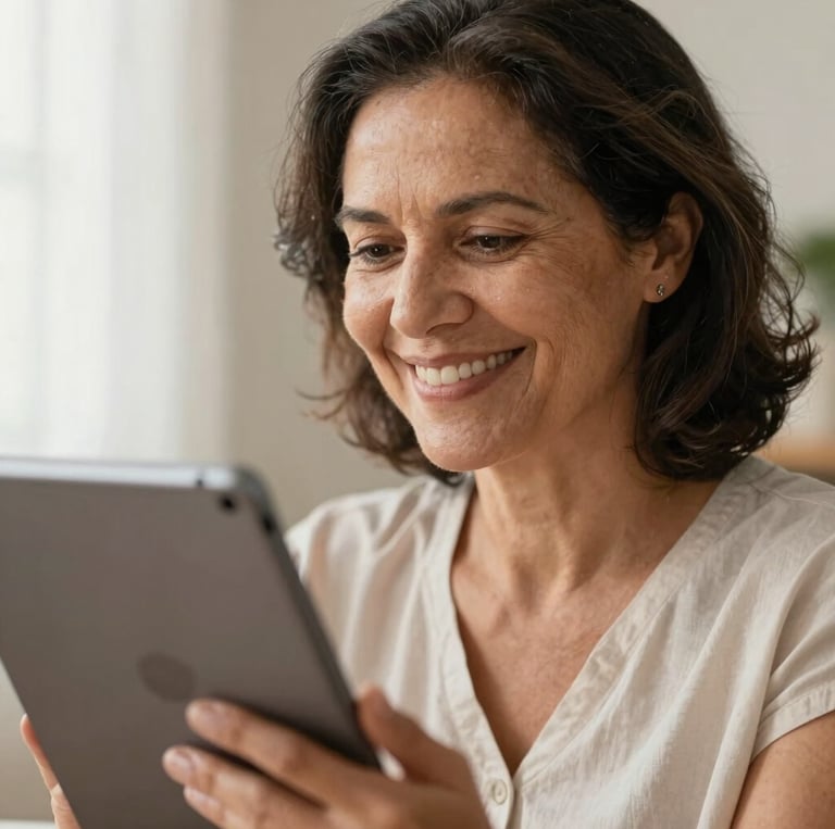 A close-up of a mature Brazilian woman smiling warmly while looking at a tablet, soft morning light, authentic and reassuring